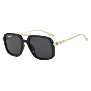 Lunettes de soleil carrées rétro avec double pont et branches en métal pour femmes