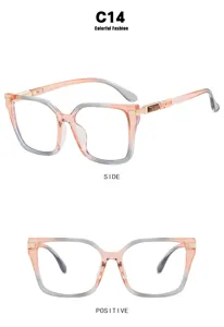Detailed positive and side views of square pink and grey gradient glasses frame