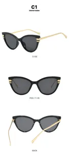 Vues détaillées sous trois angles de lunettes de soleil œil-de-chat noires et dorées