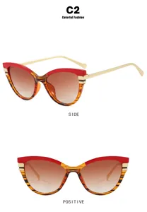 Détails face et profil de lunettes de soleil œil de chat rouge et écaille pour femme