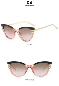 Vues de face et de côté de lunettes de soleil œil-de-chat pour femmes au design bicolore