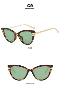 Lunettes de soleil œil-de-chat à monture écailles et verres verts vues sous deux angles