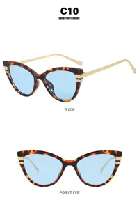 Vue détaillée de lunettes de soleil œil-de-chat avec monture écaille et verres bleus