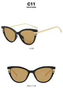 Vue latérale et frontale de lunettes de soleil œil de chat avec monture noire et or