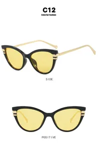 Lunettes de soleil œil-de-chat avec verres jaunes et branches dorées, vues de face et côté