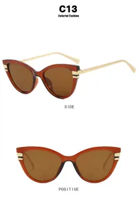 Lunettes de soleil œil de chat à monture tortue et branches dorées, vues de face et de côté