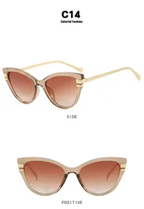 Vues de face et de profil de lunettes de soleil œil-de-chat tendance avec verres dégradés.