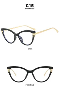 Vues détaillées de montures de lunettes œil-de-chat noires avec branches dorées