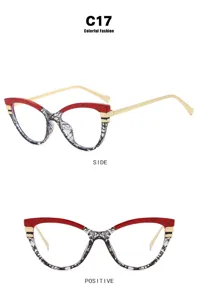 Vues détaillées de lunettes œil-de-chat à monture rouge et noire et branches dorées