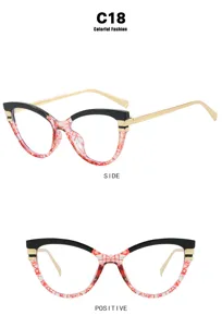 Vue détaillée de montures de mode œil de chat aux motifs noir et rouge de côté et de face