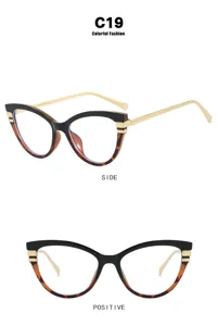 Lunettes œil-de-chat tendance, monture noir et écaille, branches dorées, vues de face et de profil