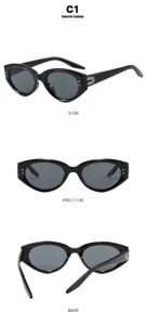 Detailansichten der schwarzen Katzenaugen-Sonnenbrille für Kinder aus drei Winkeln