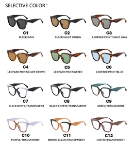 Grid showing twelve color variants of cat-eye glasses with rivet details and colored lenses.