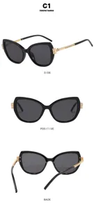 Detailed three-view display of women's cat-eye sunglasses with diamond gold temples