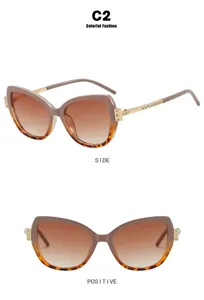 Detail views of cat-eye sunglasses for women with rhinestone temples and gradient lenses