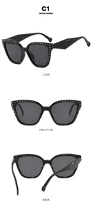 Detail views of black cat-eye glasses with silver rivet accents on frame and temples.
