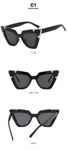 Detailed views of black cat-eye sunglasses with triangle rhinestone accents