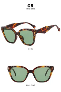Macro detail view of tortoiseshell cat-eye glasses frame with metal rivet studs