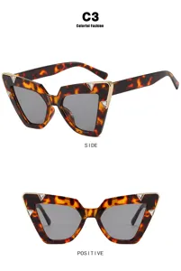 Detailed front and side views of stylish leopard print cat-eye sunglasses with rhinestone accents