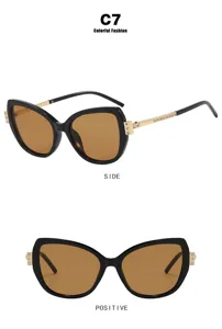 Detailed views of cat-eye sunglasses with rhinestone-encrusted golden temples.