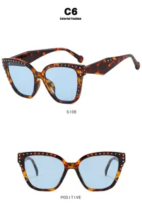 Cat-eye rivet glasses frames with anti-blue light lenses shown in side and front views