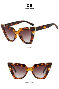 Detailed views of cat-eye leopard print sunglasses with elegant rhinestone accents