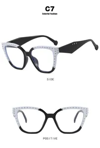 Cat-eye glasses frame with rivets and patchwork design shown in side and front views