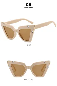 Detailed side and front views of beige cat eye sunglasses with rhinestone accents