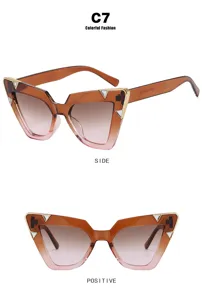 Detailed front and side views of trendy oversized cat-eye rhinestone sunglasses