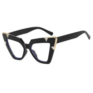 Trendy oversized black cat-eye glasses with gold accents and rhinestones for women.