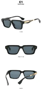 Vista multiángulo de gafas de sol negras retro con detalles de clavos de metal dorado.