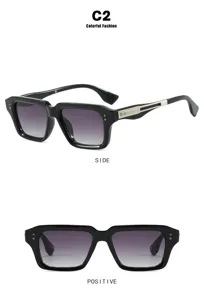 Vista lateral y frontal de gafas de sol cuadradas retro con lentes degradadas grises