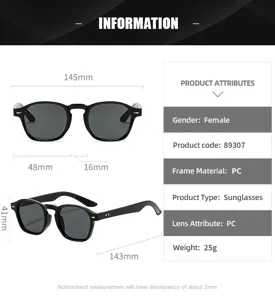Detaillierte Spezifikationen der runden Retro-Sonnenbrille mit Maßen und PC-Material