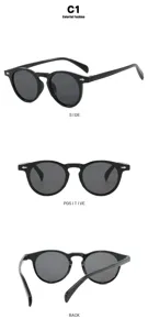 Monture de lunettes ronde noire rétro avec clous en flèche, vues sous divers angles