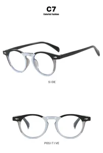 Vue détaillée d'une monture de lunettes ronde rétro avec rivets flèches en noir et bleu.
