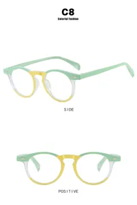 Vues détaillées monture de lunettes ronde rétro avec design bicolore vert et jaune