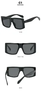 Detailansichten einer übergroßen quadratischen schwarzen Sonnenbrille aus drei Blickwinkeln