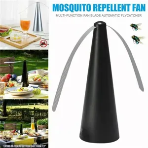 Detail view of the black mosquito repellent fan showing flexible blades and scene setup.
