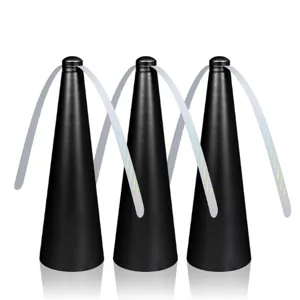 Battery powered fly repellent fan for indoor and outdoor use with safe soft blades.