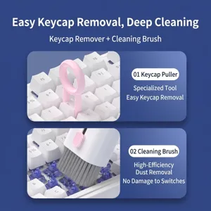 Detail view of keyboard cleaning kit showing keycap puller and dust removal brush