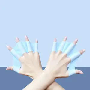 Detailed view of blue silicone webbed swim gloves, finger paddle for swimming training.