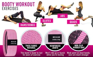 Detailed view of pink fabric resistance band with workout exercise demonstrations
