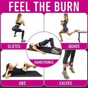 Resistance band workout guide showing exercises for glutes, quads, and abs