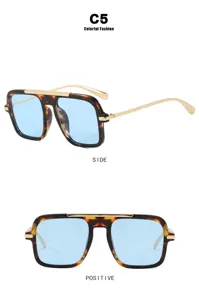 Occhiali da sole quadrati alla moda con montatura tartarugata e lenti blu per donna.