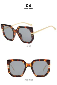 Detail shots of irregular tortoiseshell sunglasses showing side and front angles.
