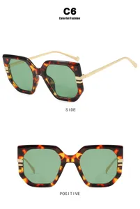 Detailed views of irregular oversized tortoise shell sunglasses with green lenses.