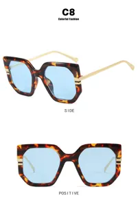 Side and front views of irregular oversized tortoise shell sunglasses with blue lenses