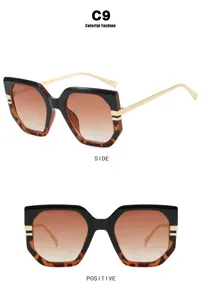 Front and side macro views of oversized irregular brown gradient sunglasses
