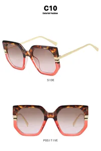 Detailed view of oversized irregular sunglasses with tortoiseshell and orange gradient