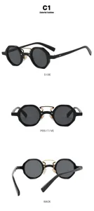 Detail view of punk hip-hop small frame irregular round sunglasses from three angles